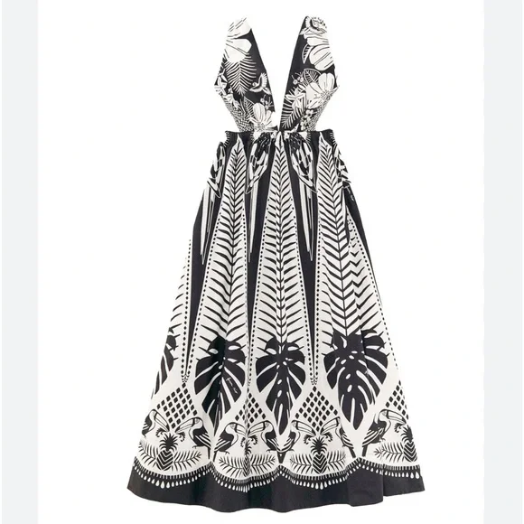 NWT Farm Rio: Anthropologie Farm Rio Macaw Elegance Black Cotton Maxi Dress - Picture 5 of 8